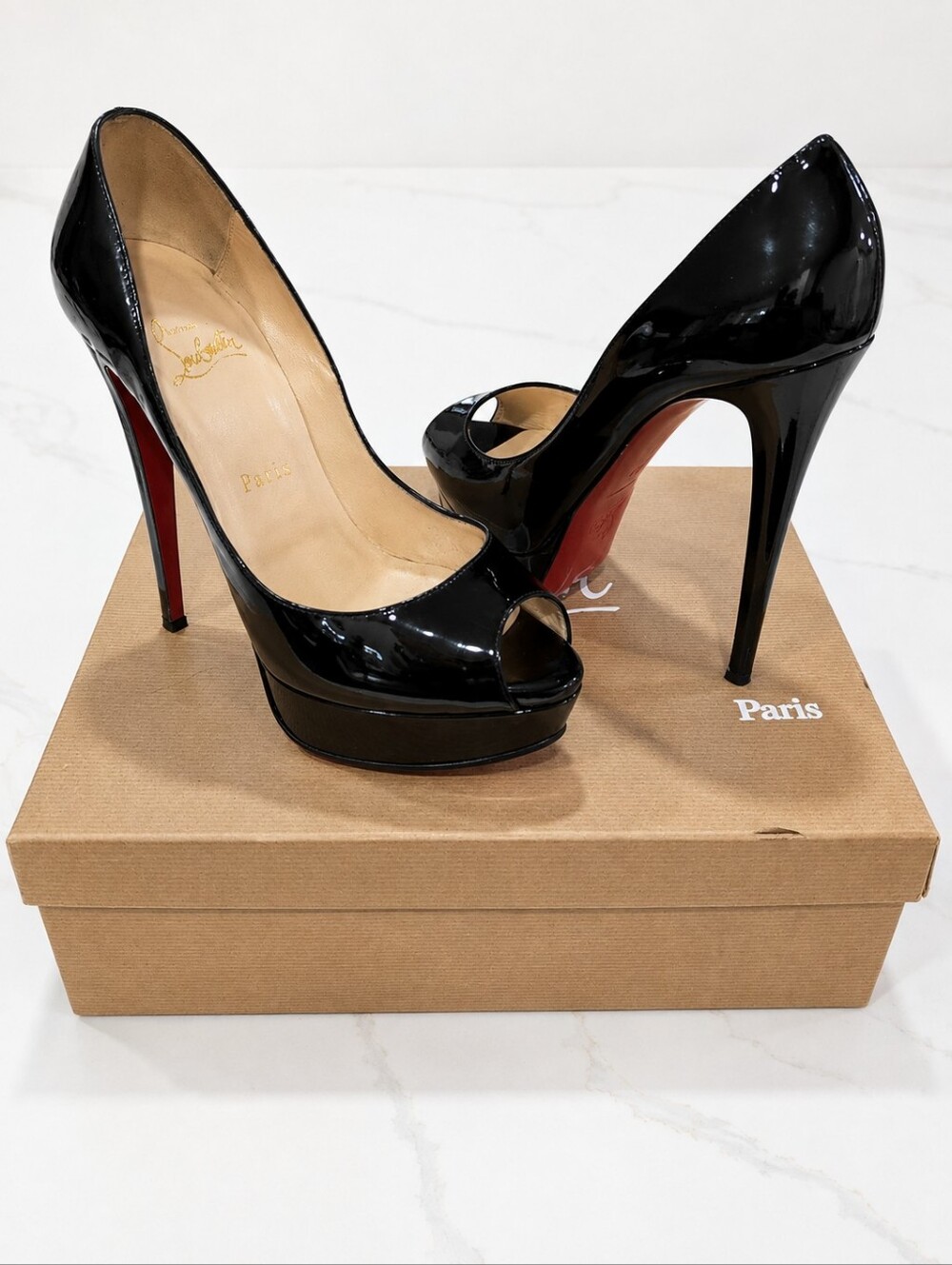 Christian Louboutin Black Patent Lady Peep Toe Platform Pumps with Red Sole